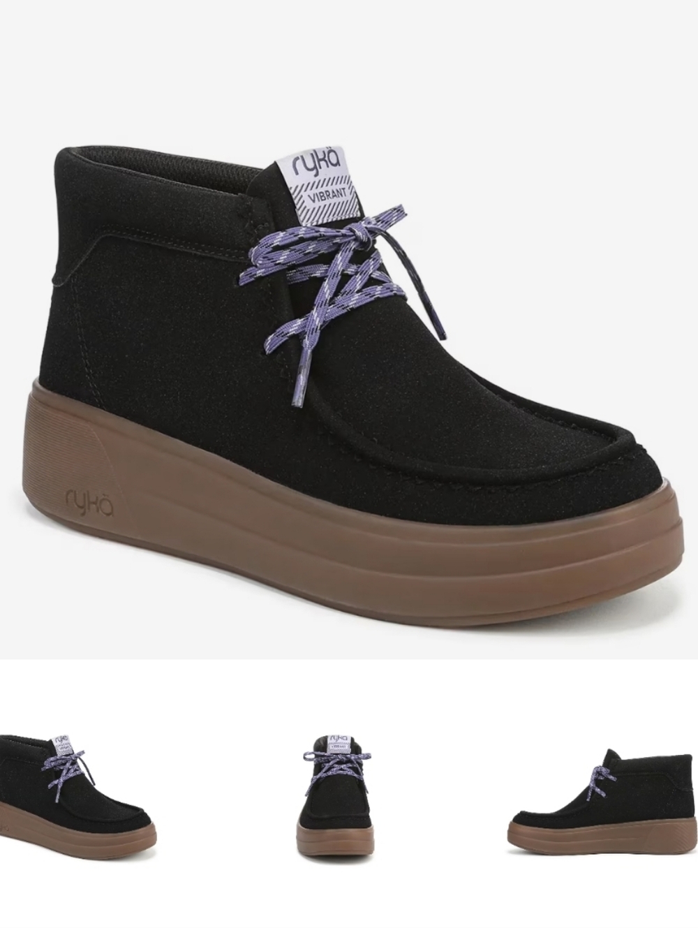 Ryka Vibrant Black Suede High-Top Boot with Platform and Purple Laces